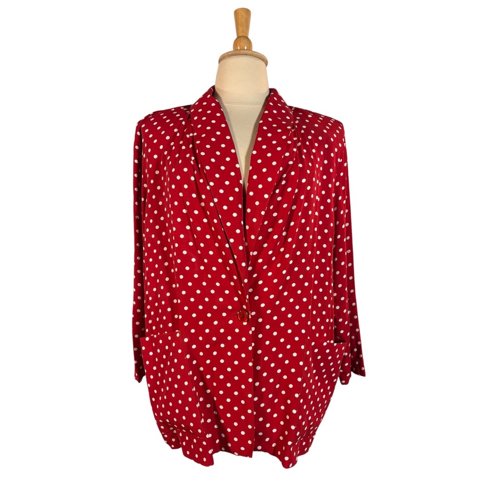 Vintage 80s 90s Polka Dot Blazer Women's XL Retro Chic Boyfriend Fit Red White